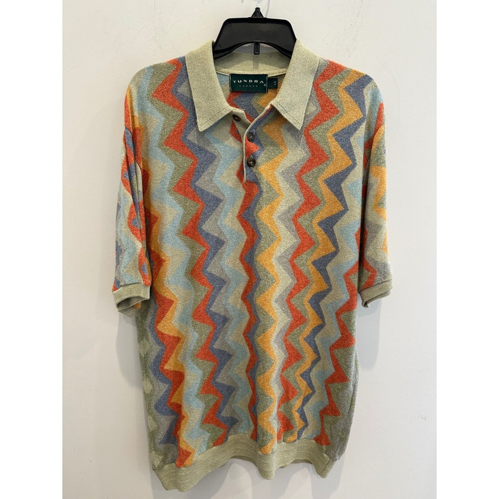 Vintage Tundra Canada Mens Large Knit Polo Shirt Multicolor Chevron Short Sleeve